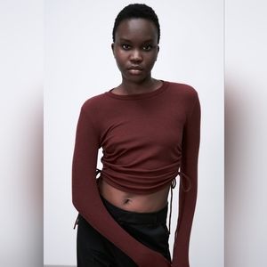 Zara Burgundy Maroon Side Twist Long Sleeve Top